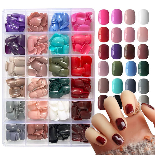 576 Pcs Glossy Press-On Nails – 24 Colors | Short Square, Full Cover, Easy Glue-On